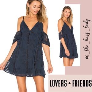 NWOT LOVERS + FRIEND mini dress navy lace cold shoulder size Small